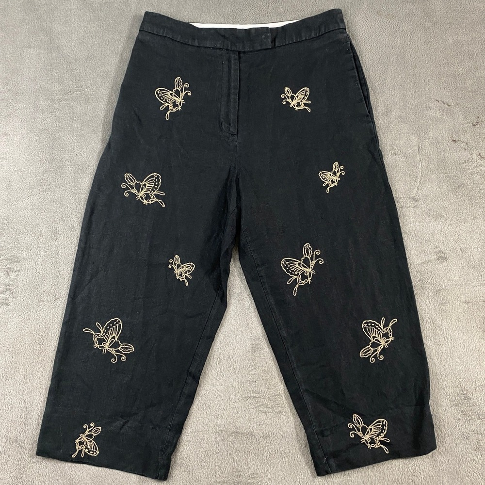 Petite Cropped Linen Pants Womens 10P Black Butterfly Embroidered Sarah Spencer